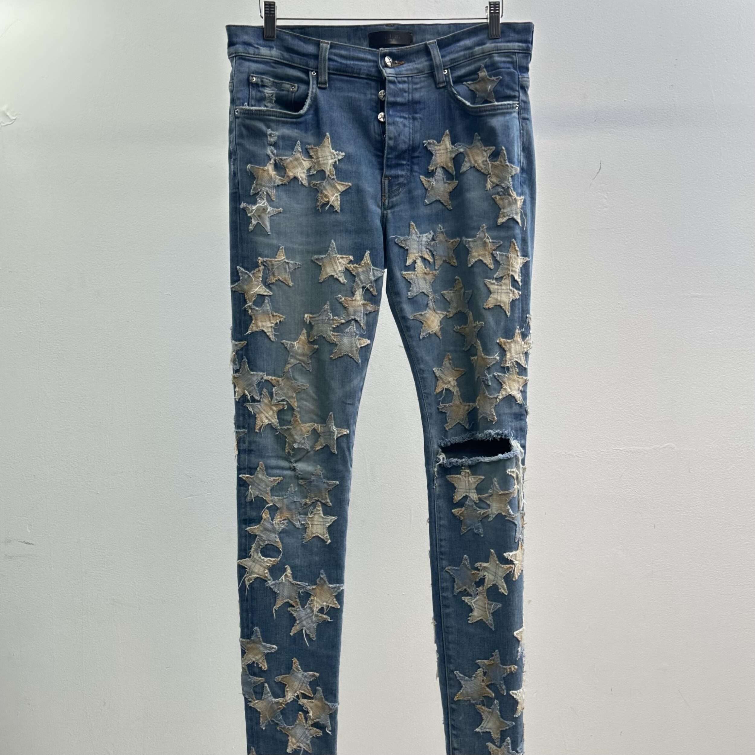 Amiri Frayed Star Plaid Patch Jeans
