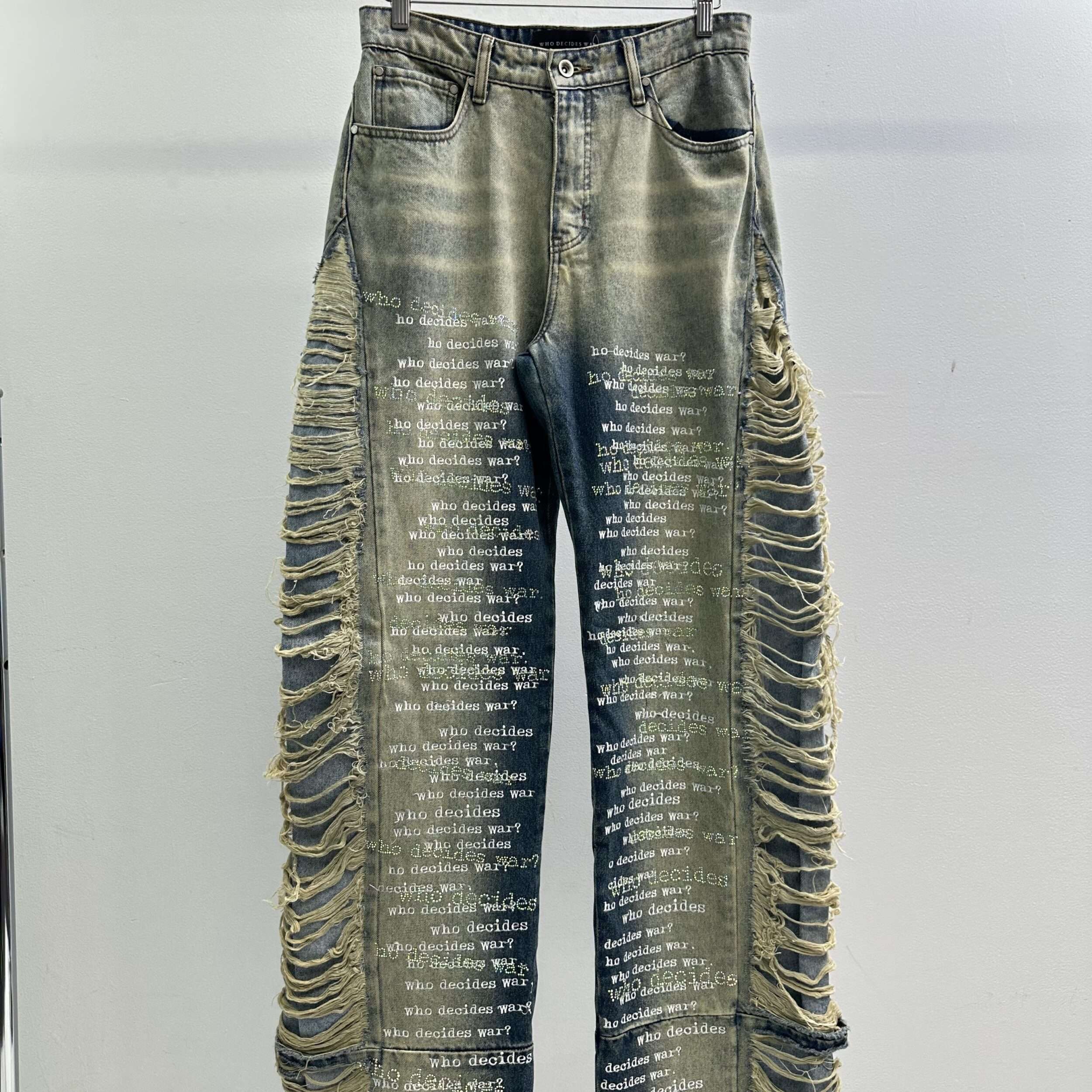 Who Decides War Rhinestone Script Washed Jeans