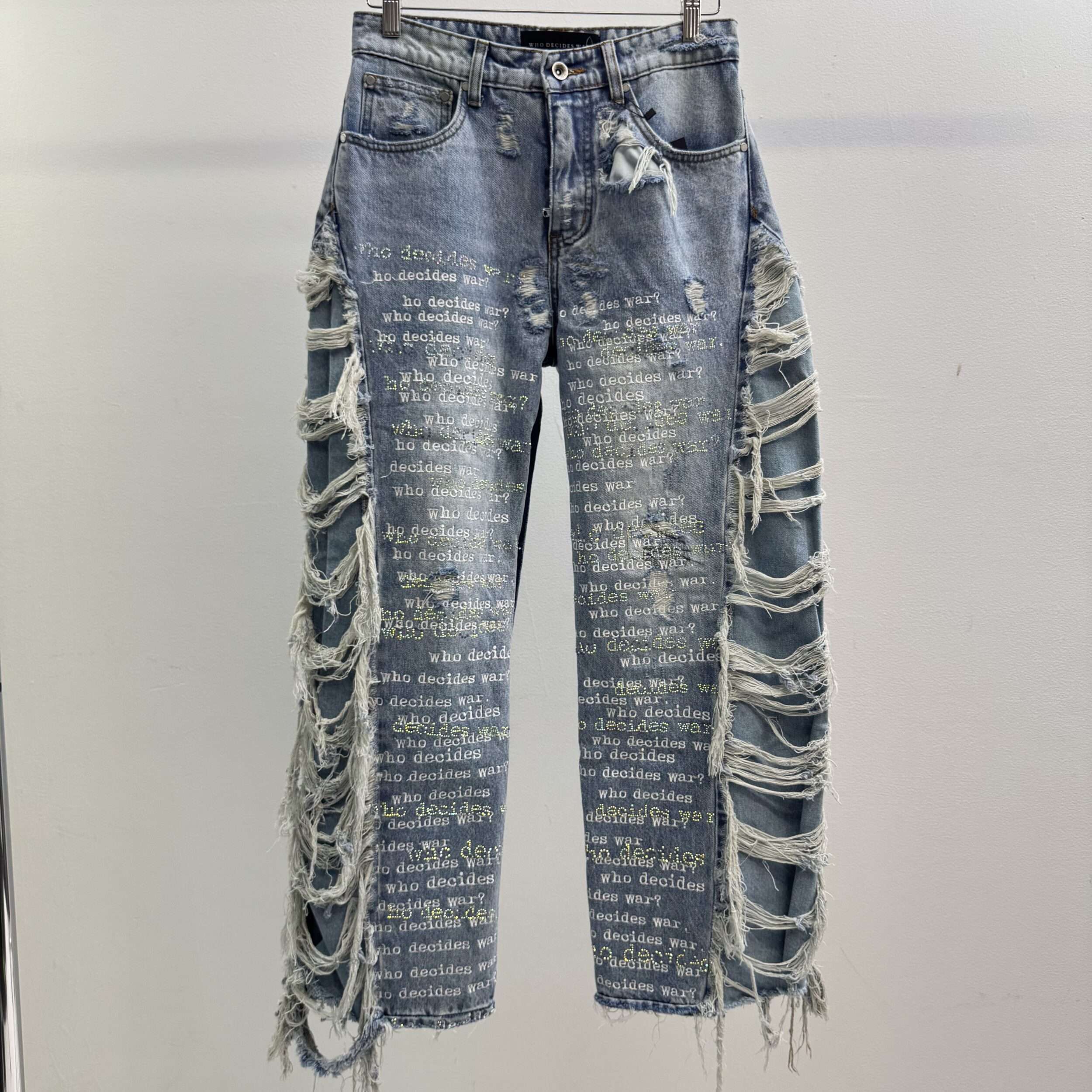 Who Decides War Rhinestone Script Jeans